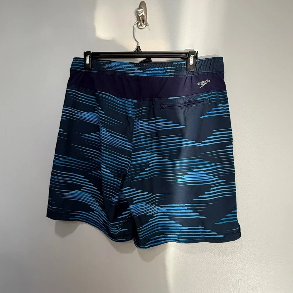 Speedo Men's Swim Trunks Shorts Size XL Blue Abstract Stripe Elastic Waist‎